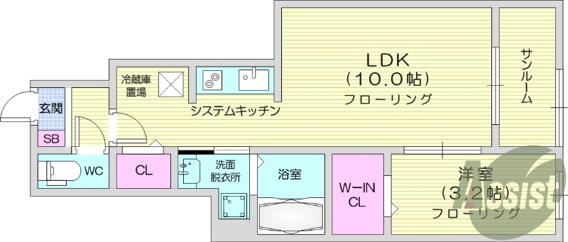 1LDK、都市ガス、ネット使用料不要、浴室乾燥機。