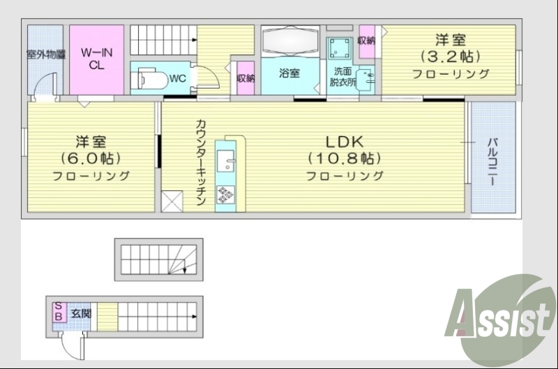 2LDK、都市ガス、ネット使用料不要、浴室乾燥機。