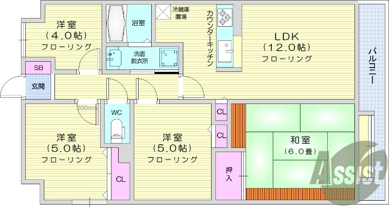 4LDK、システムキッチン、都市ガス、独立洗面台