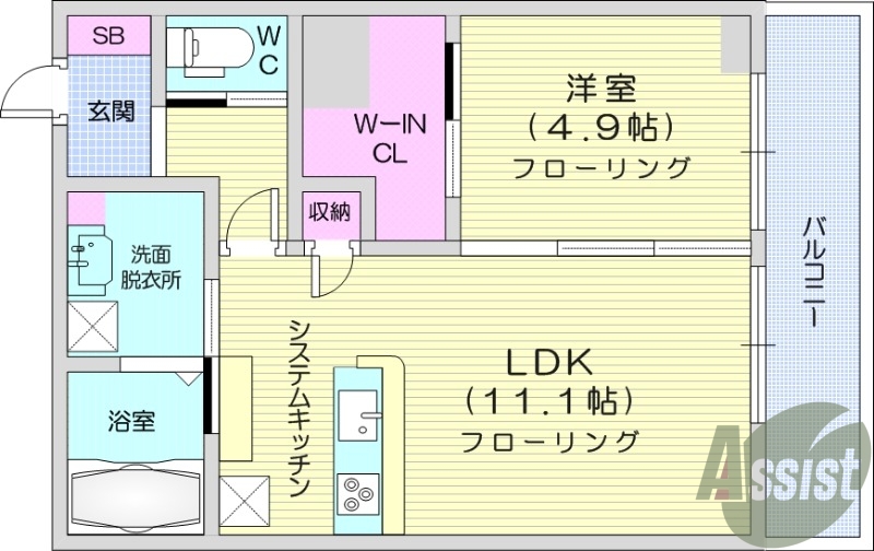 1LDK、ウォークインクローゼット、システムキッチン