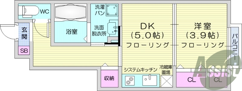 1DK、IHクッキングヒーター、システムキッチン。