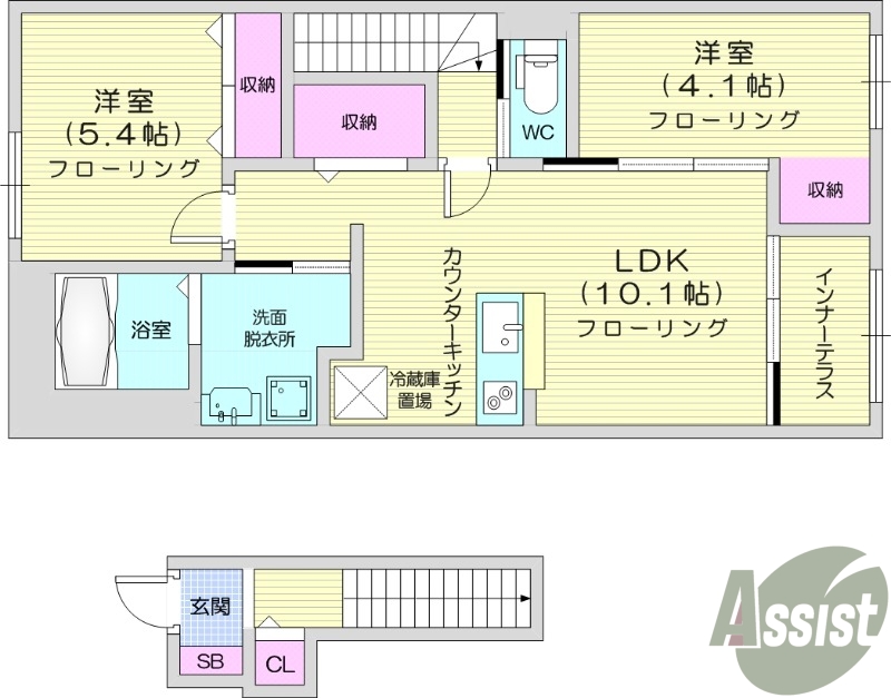 2LDK、浴室乾燥機、インナーバルコニー。