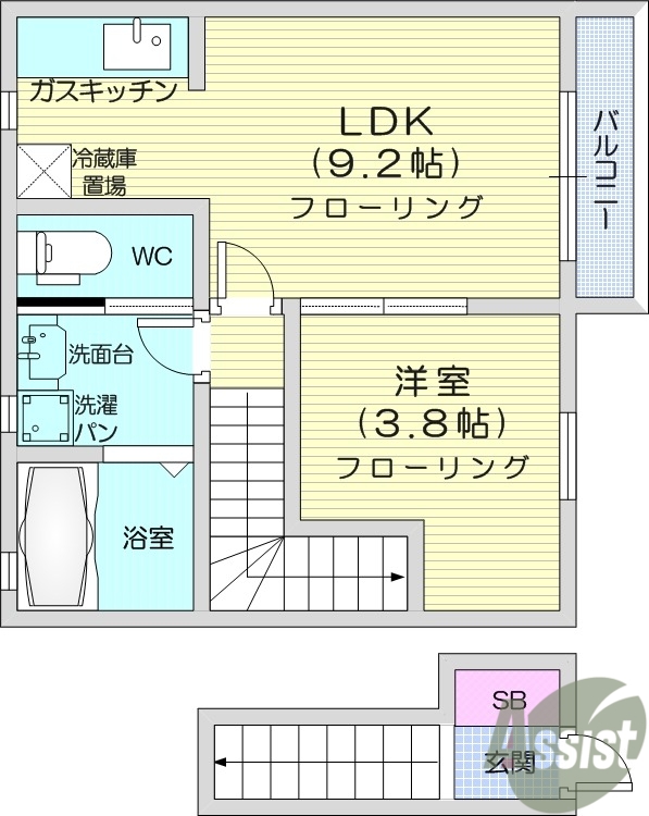 1LDK、バス・トイレ別、インターネット使用料無料。