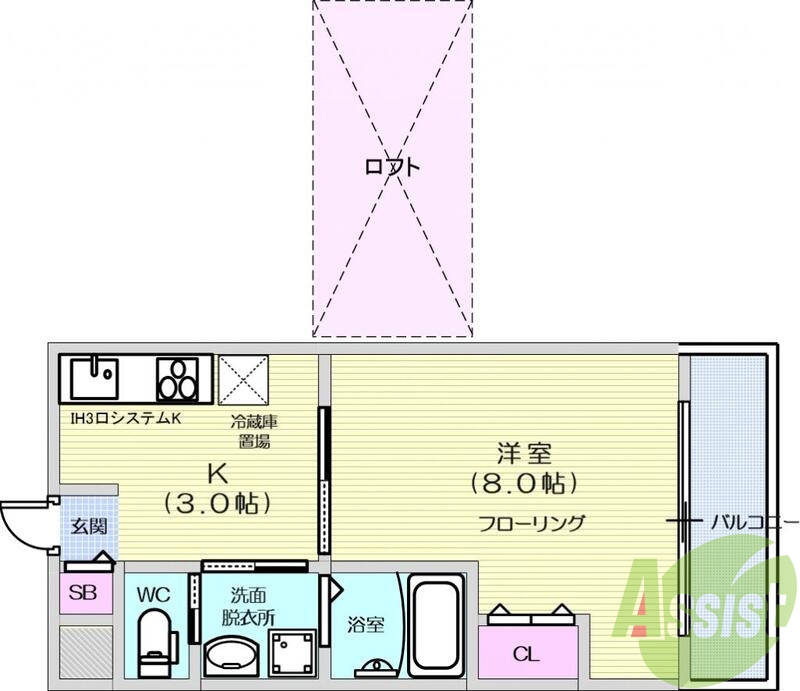 １DK、ロフト、セパレート、独立洗面、テレビモニターフォン