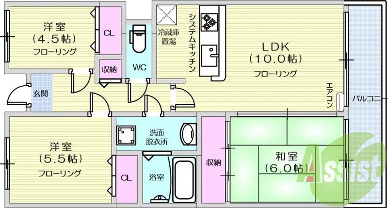 3LDK、南向き、バス・トイレ別、洗面所独立システムキッチン