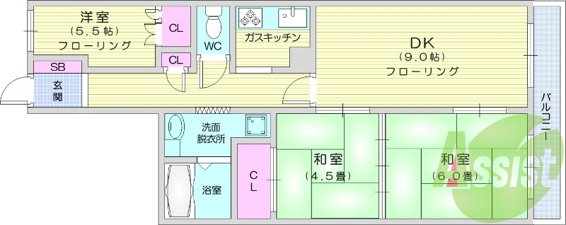 3LDK、南向き、バストイレ別、洗面所独立、システムキッチン