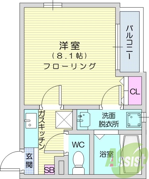 1K、洗髪洗面化粧台、エアコン、フローリング