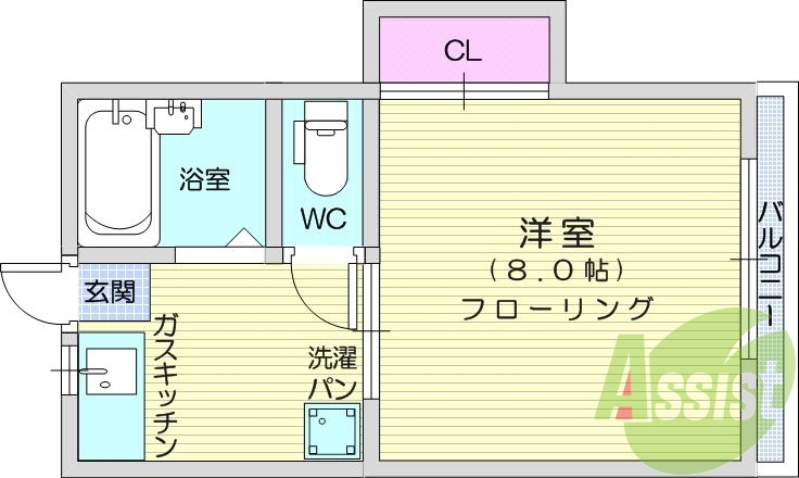 1K閑静な住宅街、室内洗濯機置場、風呂トイレ別、プロパンガス