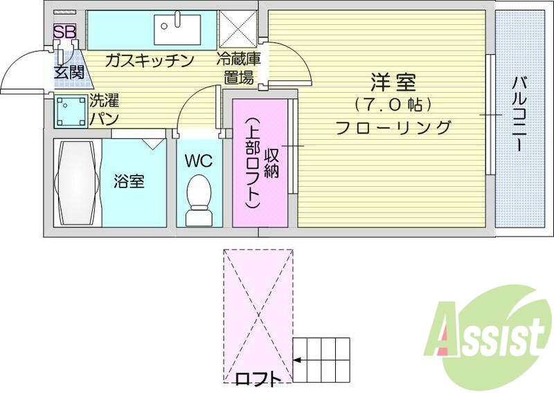 1K、シャワー、風呂トイレ別、ロフト付き、プロパンガス