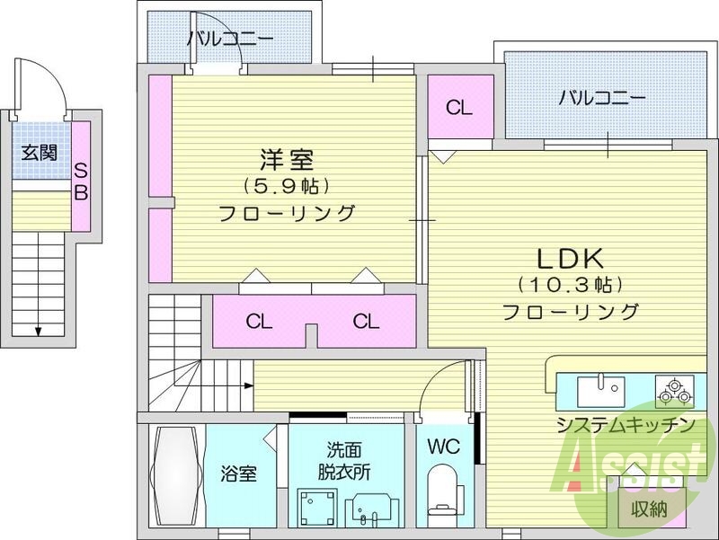 1LDK、B・T別、追焚き、洗面化粧台、室内物干し、エアコン