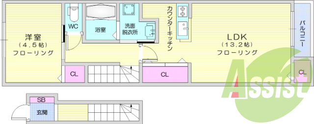 1LDK、南向き、追焚機能、シャワー付洗面化粧台、バルコニー
