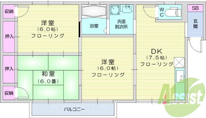 3DK、角部屋、B・T別、追い焚き、モニター付きインターホン