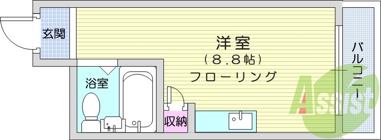 1R、家具・家電付き、オートロック、エアコン、バルコニー