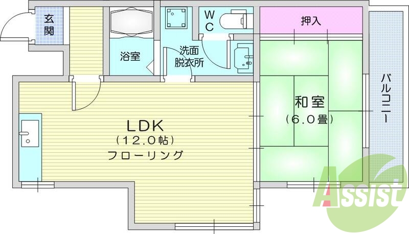 1LDK、角部屋、風呂トイレ別、都市ガス、エレベーター、給湯