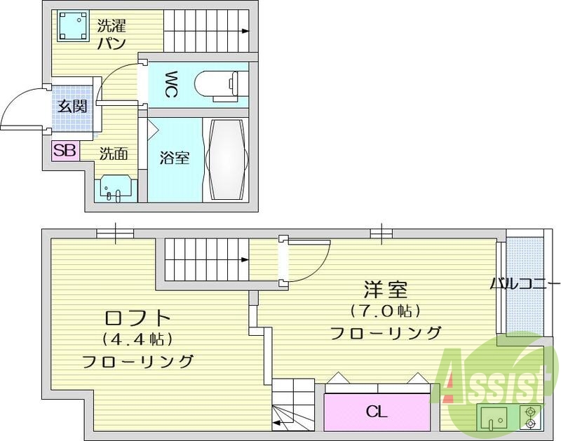 1R+ロフト、南向き、システムキッチン、バス・トイレ別