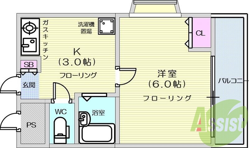 1K、バス・トイレ別、エアコン、バルコニー、エレベーター