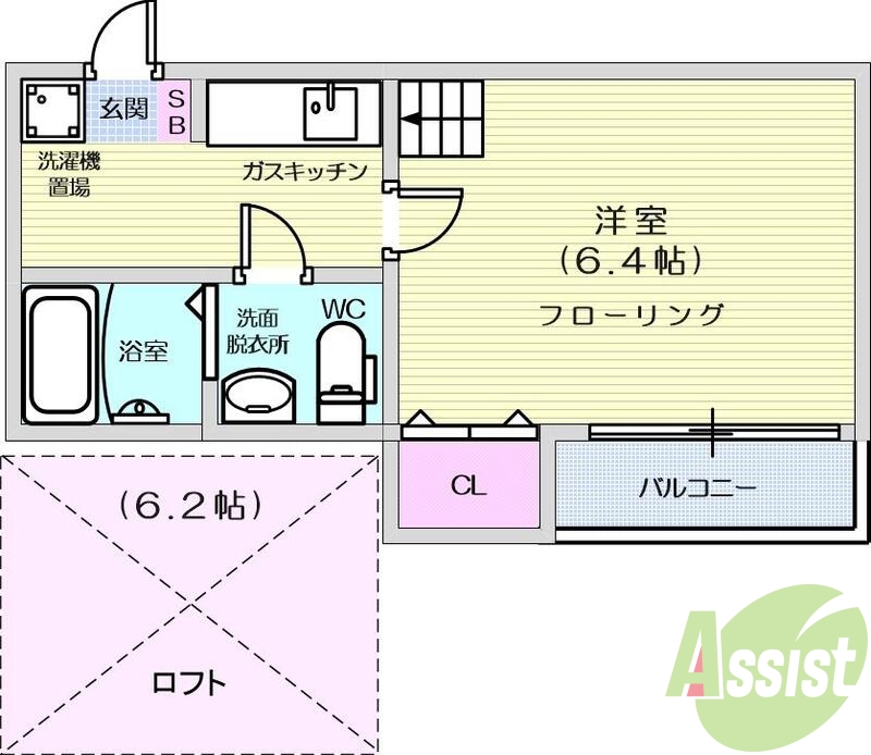 1K、ロフト、バス・トイレ別、エアコン、バルコニー