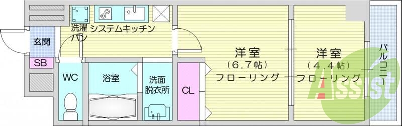 2K、バストイレ別、エアコン、システムキッチン