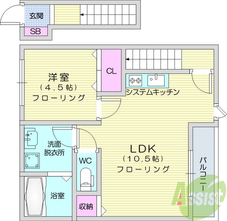 1LDK、バストイレ別、エアコン、ウォークインクローゼット