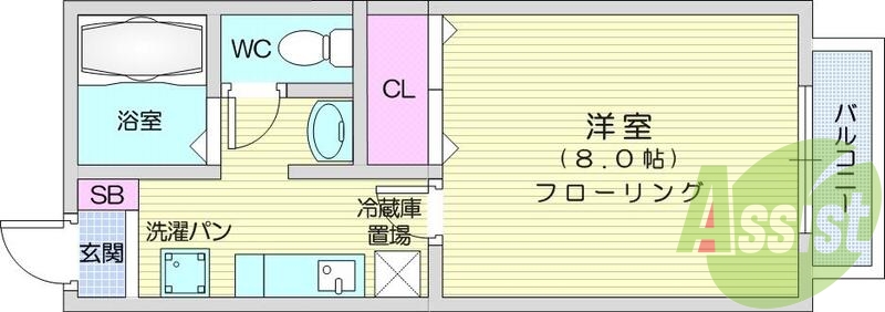 1K、南向き、バス・トイレ別、エアコン、バルコニー