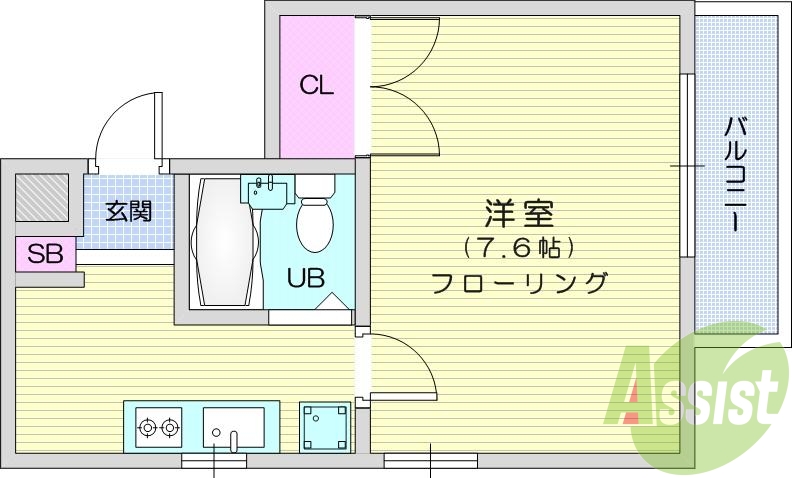 １Ｋ、角部屋、都市ガス、ＢＳ端子付きです。