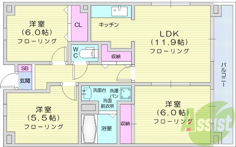 3LDK、南向き、バス・トイレ別、バルコニー、エアコン