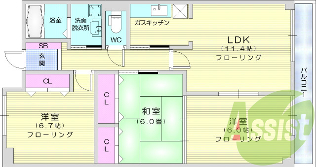3LDK、南向き、バス・トイレ別、バルコニー、エアコン