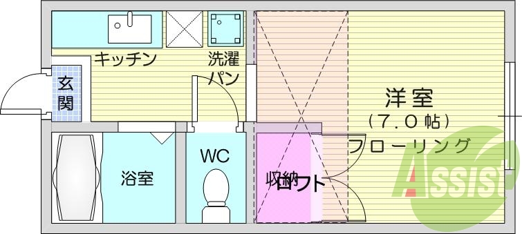 １K、バストイレ、角部屋、ロスト付き