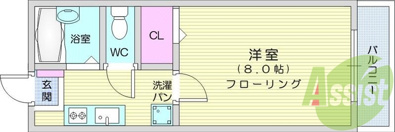 １Ｋ、バス・トイレ別、エアコン、都市ガス