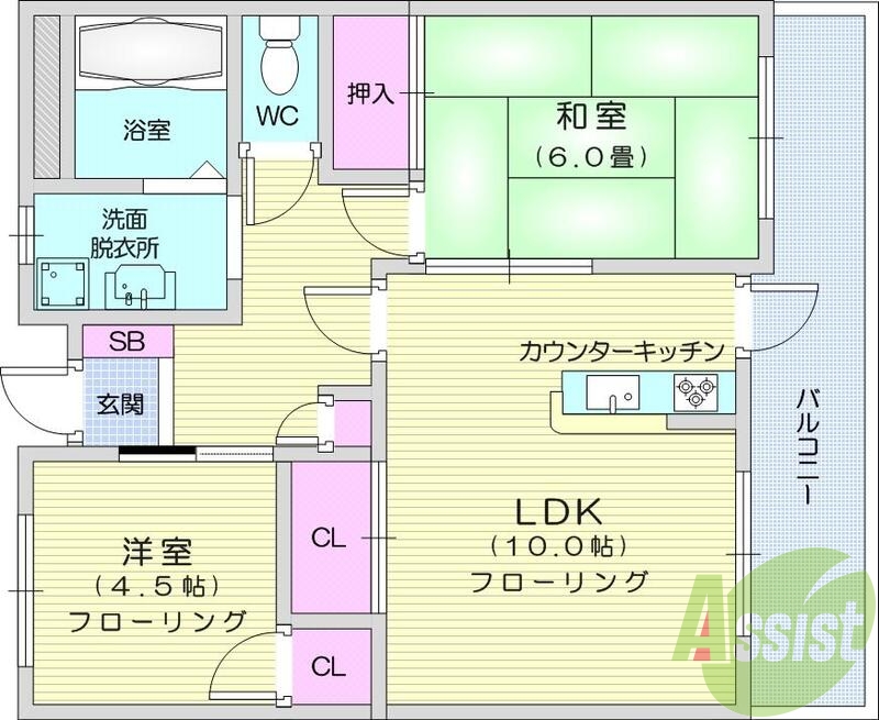2LDK、バス・トイレ別、エアコン、バルコニー