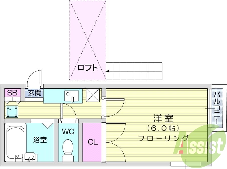 1K、南東向き、ロフト、バス・トイレ別、バルコニー、エアコン