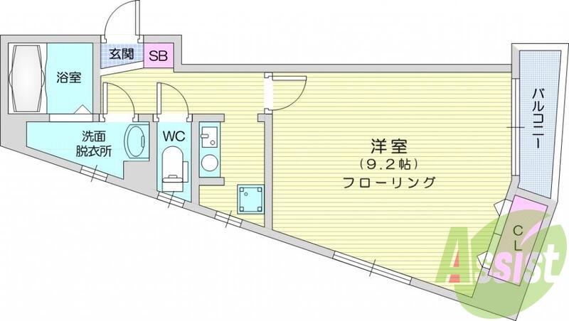1K、バス・トイレ別、都市ガス、モニター付きインターホン