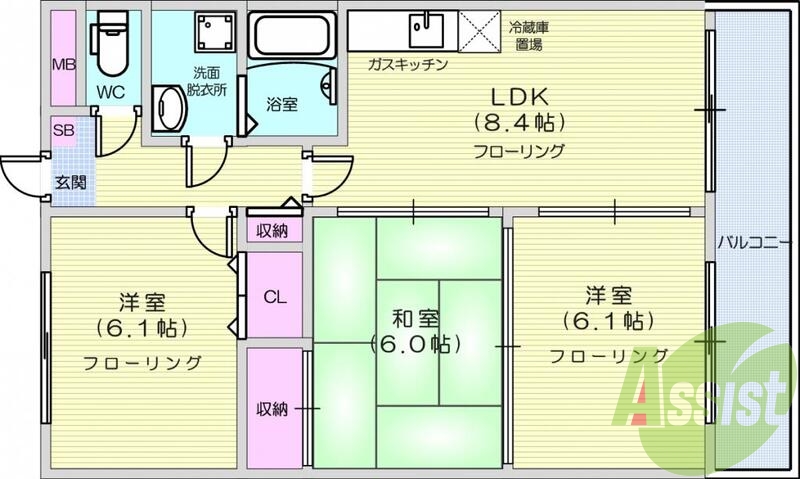 3LDK、追い炊き機能、洗面化粧台、エアコン、都市ガス