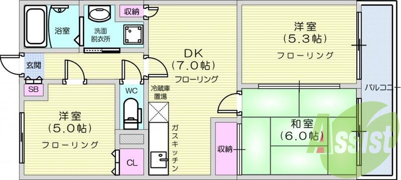 3DK、エアコン、室内洗濯機置場、トイレ浴室別、クローゼット
