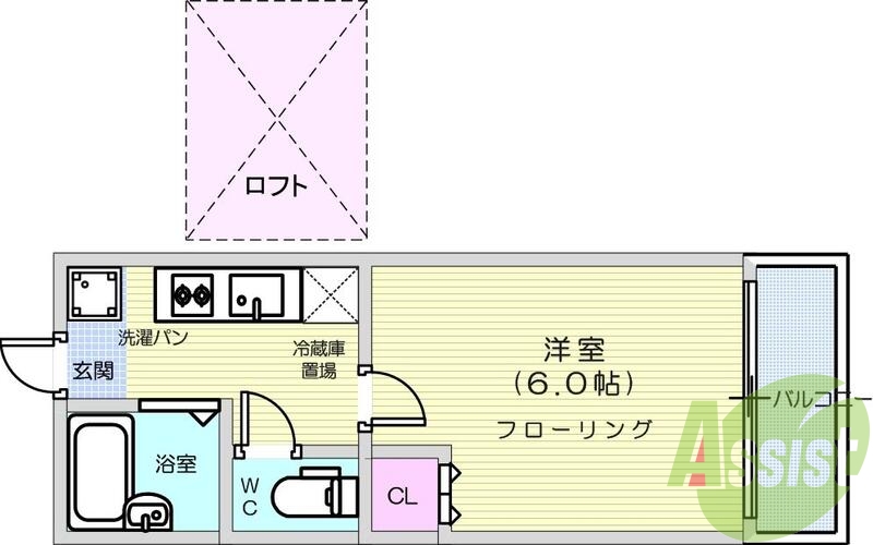 1K、エアコン、室内洗濯機置場、トイレ浴室別、クローゼット。
