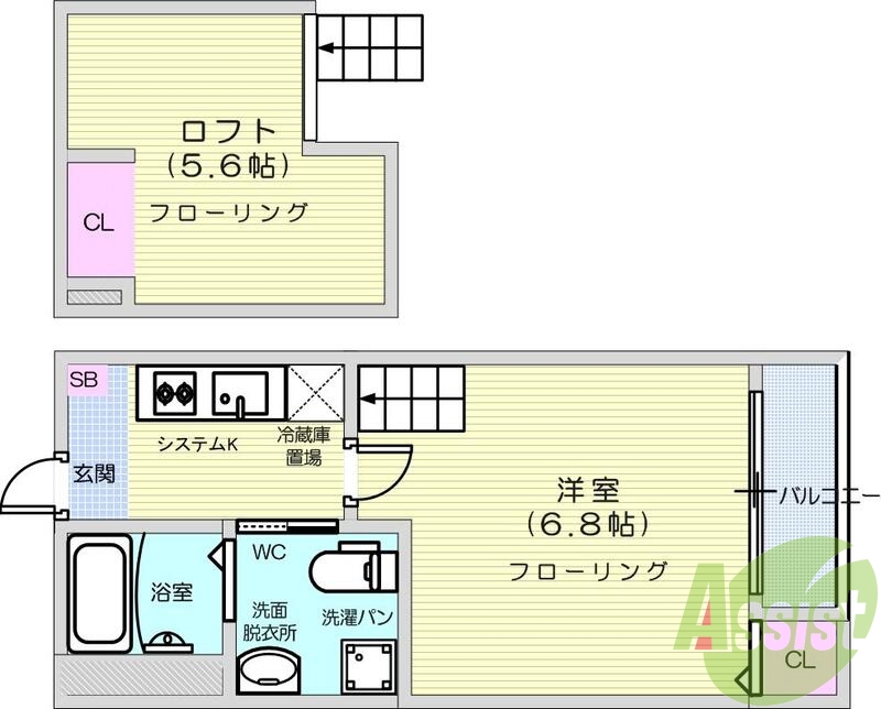 1K・ロフト・ネット無料・追い焚き・浴室乾燥・システムK