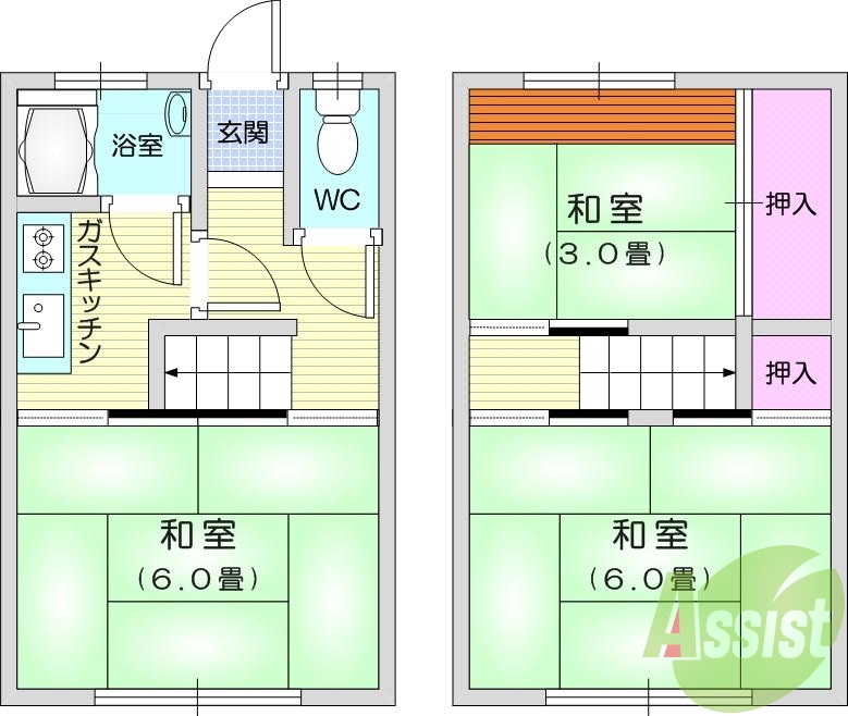 3Ｋ、メゾネット、バストイレ別、エアコン