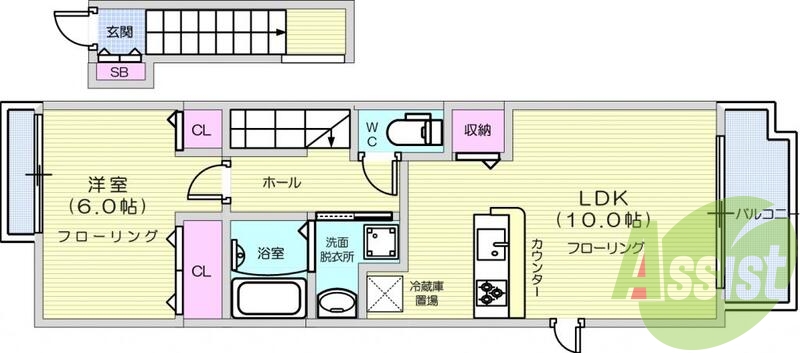 1K、エアコン、モニター付きインターホン、BS端子、追焚機能