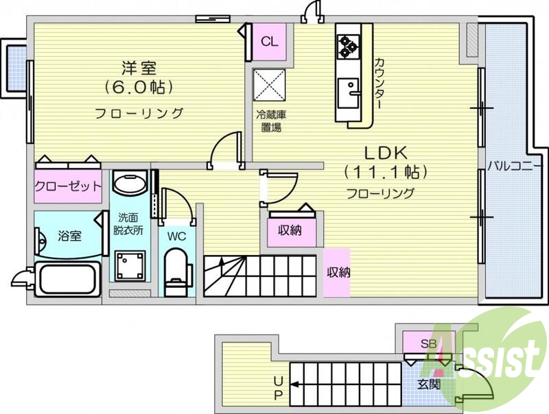1LDK、バス・トイレ別、カウンターキッチン、エアコン