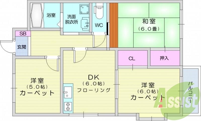 3DK、都市ガス、エアコン、ウォシュレット、給湯
