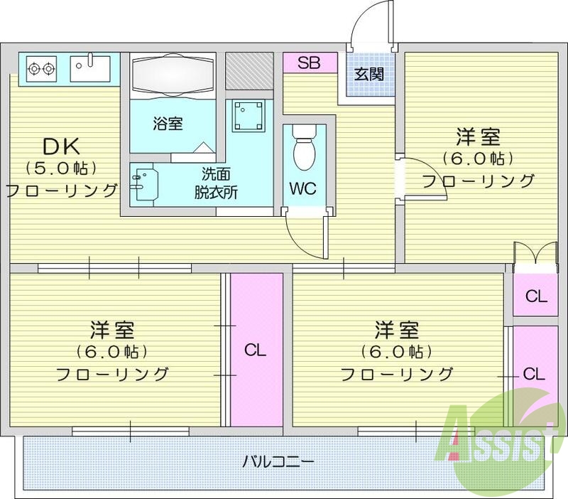 3DK、南向き、バス・トイレ別、エアコン、バルコニー