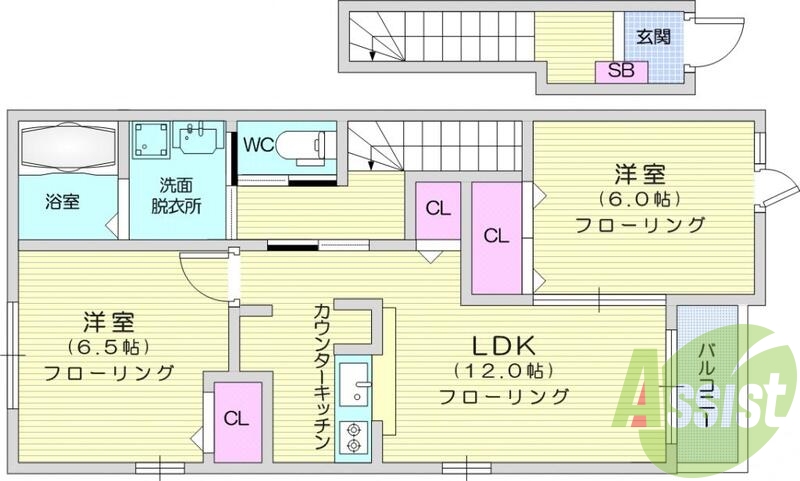 ２LDK、カウンターキッチン、浴室乾燥、シャンプードレッサー