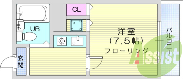 1K、東向き、バス・トイレ別、エアコン、バルコニ、ガスコンロ