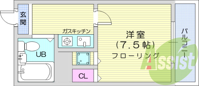 1K、東向き、バス・トイレ別、エアコン、バルコニ、ガスコンロ