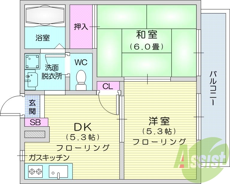 2DK、エアコン、トランクルーム、バストイレ別、バルコニー