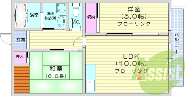 2LDK、エアコン、室内洗濯機置場、トイレ浴室別、クロゼット