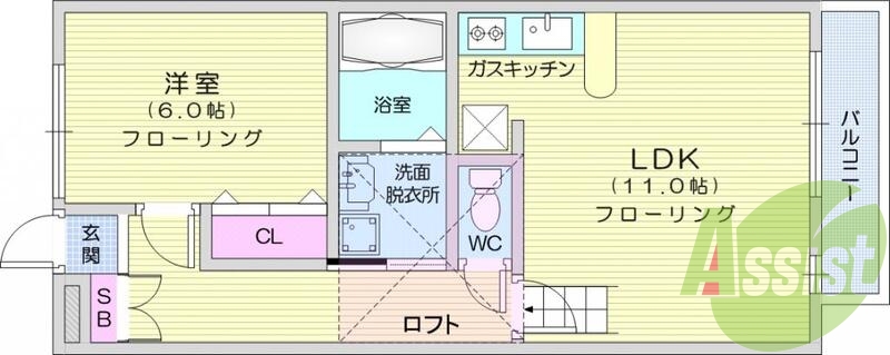 1LDK、ロフト付き、バストイレ別、カウンター、エアコン、照明