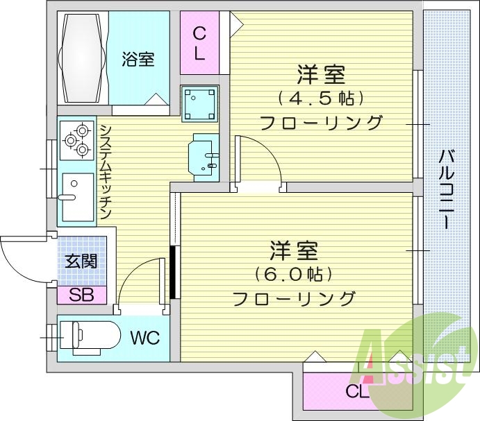 2K、システムキッチン、追い焚き、洗面化粧台、エアコン