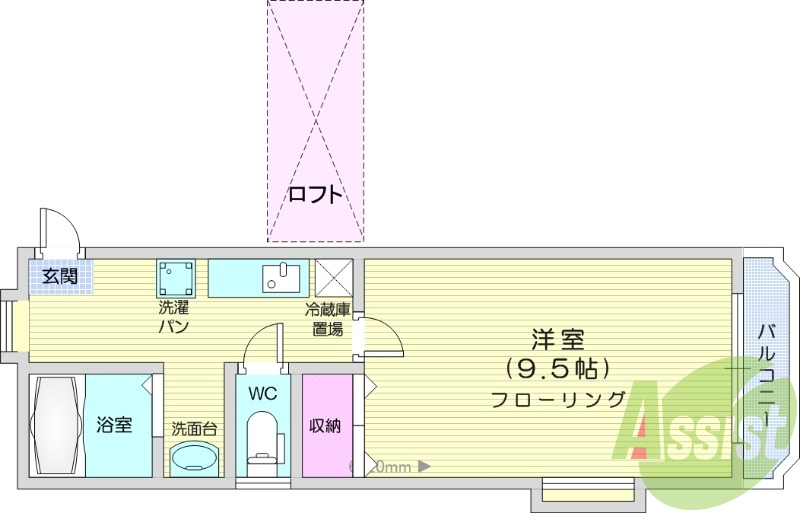 1Ｋ、エアコン、室内洗濯機置場、トイレ浴室別、クローゼット