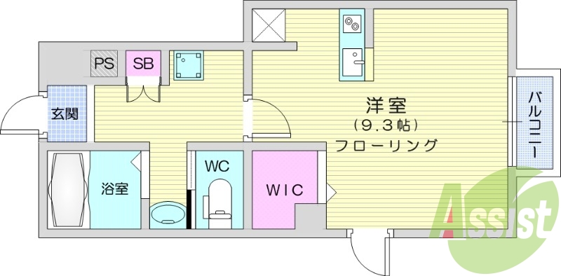 1R、エアコン、給湯、フローリング、バルコニー